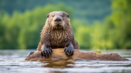 Wet North American Beaver Sitting On Rock In Middle Of River, Looking At Camera. Wildlife Portraitの素材