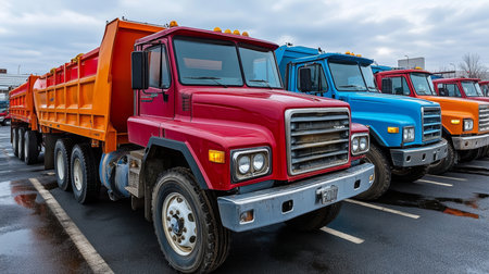 Powerful Lineup of Heavy-Duty Orange, Red, and Blue Dump Trucks, Ready for Any Construction Project.の素材