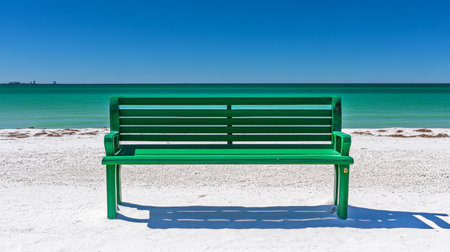 Peaceful Green Bench Inviting Relaxation on a Serene Sunny Beach., Ocean Scenery Backgroundの素材
