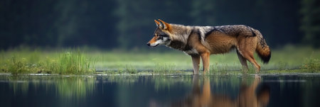 Lone Grey Wolf at Water s Edge, Wildlife Portrait, Pristine Nature, Tranquil Wilderness Sceneの素材