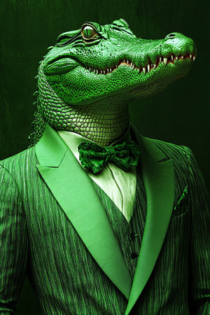 Anthropomorphic Crocodile in Suit, Blending Animal and Human Traits on Dark Backgroundの素材