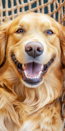 Portrait of Golden Retriever Happy Dog Sitting and Smiling from a Woven Hammock Chairの素材