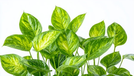 Close-Up, Fresh, Vibrant Green Leaves of Indoor Epipremnum Aureum Plant Isolated on White Backgroundの素材