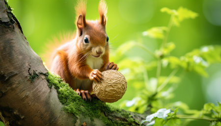 Adorable Red Squirrel Perched on a Mossy Branch, Enjoying a Nut in a Lush Green Forestの素材