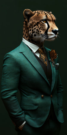 Cheetah Head on Human Body in Suit A Study in Contrasting Power and Elegance on Dark Background.の素材