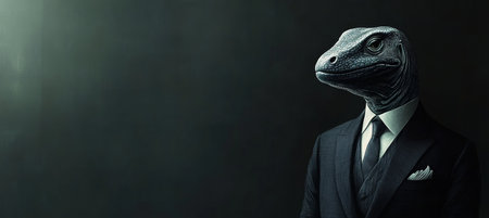 Reptilian Businessman A Komodo Dragon in an Elegant Suit, Portrait on Dark Backgroundの素材