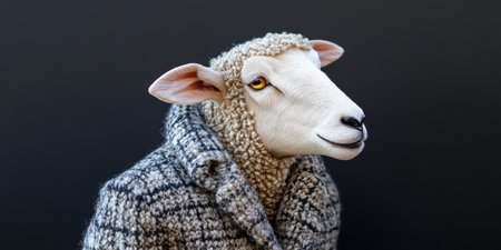 Dapper Ram in Tweed Anthropomorphic Portrait Blending Animal and Human, Against Dark Backgroundの素材