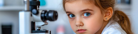 Close Up of Girl s Face During Eye Exam With Ophthalmologist Using Equipment in Clinicの素材