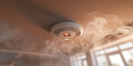 Residential Smoke Detector Detecting Smoke, Home Safety System, Fire Alarm Triggered By Smokeの素材