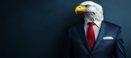 Eagle Man in Suit, Merging Bird and Businessman, Anthropomorphic Portrait on Dark Backgroundの素材