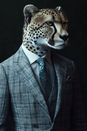 Cheetah in a Suit A Portrait of Power, Blending Animal and Human Traits Against a Dark Backgroundの素材
