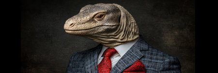 Reptilian Businessman Anthropomorphic Komodo Dragon in Suit, Intense Gaze, Dark Background Portraitの素材