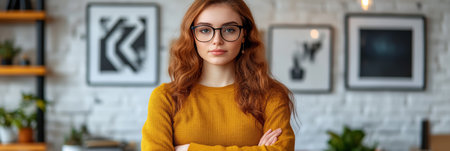 Confident Young Woman in Glasses Posing Against a White Brick Wall with Abstract Art, Portraitの素材