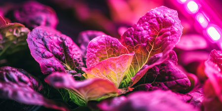 Vibrant Red Leaf Lettuce Thriving Under Pink LED Grow Lights in an Indoor Vertical Farmの素材