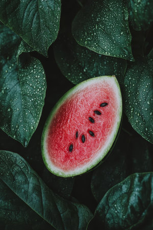 Fresh Slice of Watermelon Resting on Lush, Dew-Kissed Leaves amidst Verdant Surroundingsの素材