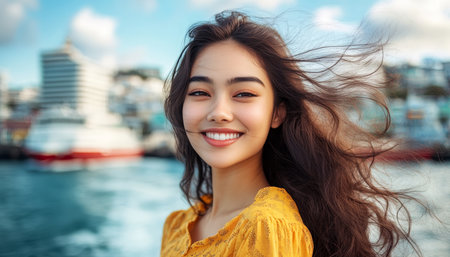 Beautiful Woman Enjoys the City Skyline View with Wind in Her Hair, Freedom and Adventureの素材