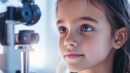 Young Girl Undergoing Eye Examination with Slit Lamp by Ophthalmologist, Medical Checkupの素材