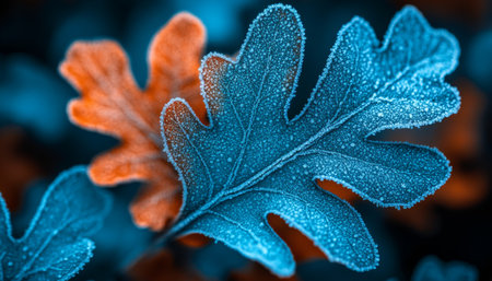 Vibrant Autumn Foliage, Close-Up of Frost-Covered Oak Leaves with a Shallow Depth of Fieldの素材