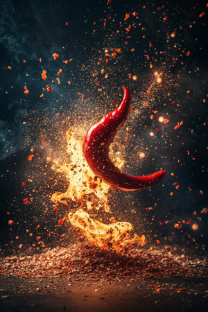 Red Hot Chili Pepper in Flames, High-Speed Photography, Vibrant Colors on Dark Backgroundの素材