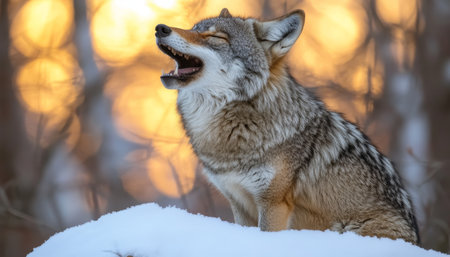 Majestic Coyote Howling at Sunset A Serene Wildlife Portrait Amidst a Snowy Landscapeの素材
