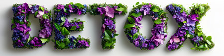 Word DETOX Made from Fresh Violet Flowers, Green Leaves, on White Background, Spring Conceptの素材
