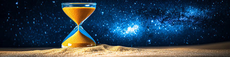Hourglass on sand with flowing golden sand and a backdrop of a mesmerizing starry night sky.の素材