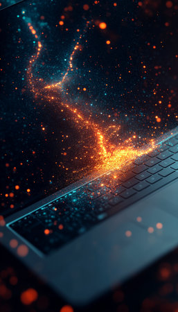 Neon Laptop with Abstract Glowing Network, Vaporwave Aesthetic, Technology Concept, Digital Artの素材