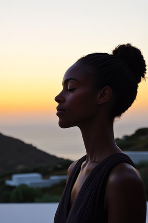 Woman Finding Peace and Tranquility Enjoying Serene Sunrise Meditation Overlooking Oceanの素材