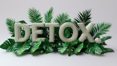 Detox Text amidst Lush Green Foliage on White Background, Wellness and Nature Conceptの素材