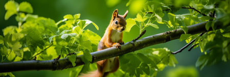 Red Squirrel Resting on the Branch on Sunny Day, Wildlife Scene With Eurasian Red Squirrelの素材