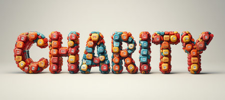Charity Word Rendered With Colorful Stacked Donation Boxes Isolated on White Backgroundの素材