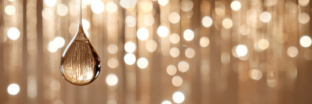 Golden Bokeh Water Droplet, A single suspended water drop reflecting soft, warm bokeh lightsの素材