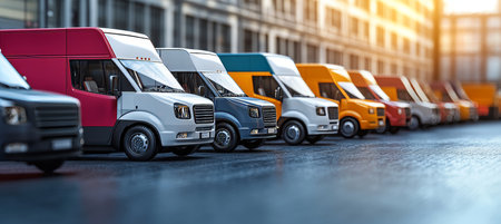 Fleet of Delivery Vans Parked in a Row on a City Street, Logistics and Transportation Industryの素材
