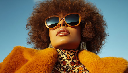 Confident Woman with Afro Hairstyle, Wearing Sunglasses and Yellow Fur, Enjoys Sunny Dayの素材