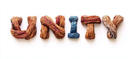 Unity, The word UNITY crafted from colorful, linked wooden loops, isolated on white backgroundの素材
