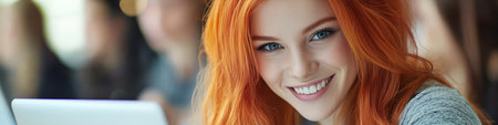 Smiling Female Freelancer with Radiant Red Hair, Working on Her Laptop in a Busy Coffee Shopの素材