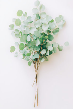 Eucalyptus Branches on Pastel Gray Background, Top View with Copy Space. Minimal Floral Mockup.の素材