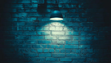Blue Illuminated Dark Brick Wall Background Texture With Spot Light At Night..Empty Concrete Stoneの素材