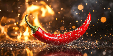Red Hot Chili Pepper Suspended in Fiery Bokeh Background, Dramatic Lighting, Vibrant Colorsの素材