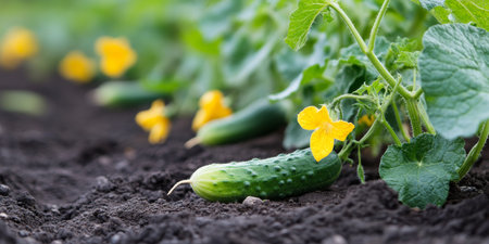 Fresh Green Cucumbers with Yellow Flowers Growing Organically, Ready for Harvest on Farmの素材