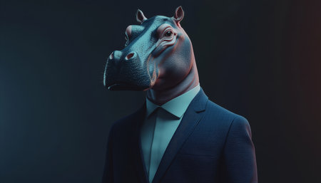 Anthropomorphic Hippopotamus in Suit, Dramatic Lighting, Animal Human Blend, Conceptual Art Pieceの素材