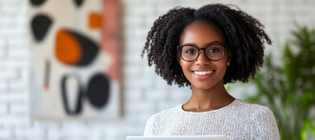 Confident Young Professional Woman Presenting with Laptop in Abstract Art Studio Settingの素材