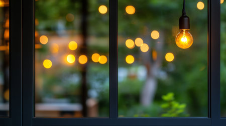 Outdoor String Lights with Dreamy Bokeh Effect, Seen Through Window with Single Bulb in Focusの素材