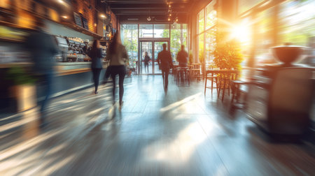 Lively Coffee Shop Ambiance, Motion Blur of People, Hints of Green Plants, Modern Minimalist Designの素材