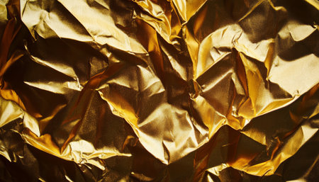 Abstract Gold Texture Background, Reflective Metallic Surface with Wrinkles and Creasesの素材