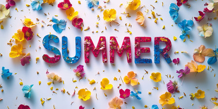 Summer Spelled Out in Vibrant Pink and Blue Flowers Against a Clean White Background, Studio Shotの素材