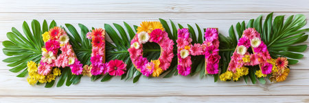 Tropical Aloha Greeting Crafted with Vibrant Flowers and Lush Greenery on Rustic White Woodの素材