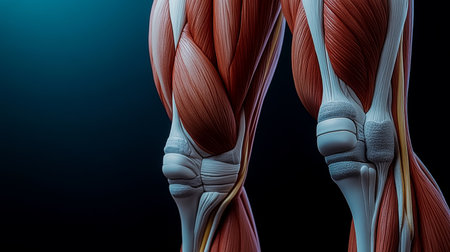 Human Leg Muscle Anatomy A Detailed 3D Rendering Showing the Muscles, Tendons, and Bones.の素材