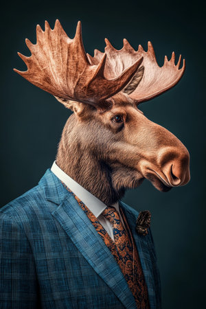 Suave Moose in Tuxedo Anthropomorphic Portrait Art, Business Moose, Hybrid Animal, Wall Art.の素材