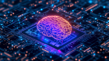 AI Chip Motherboard, Artificial Intelligence Brain on Circuit Board, Futuristic Technologyの素材